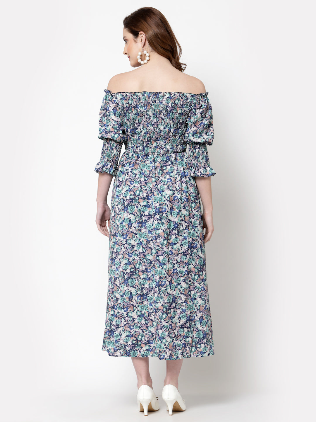 Mafadeny Blue & White Floral Off-Shoulder Midi Dress