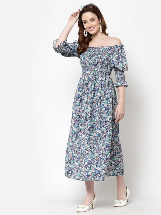 Mafadeny Blue & White Floral Off-Shoulder Midi Dress