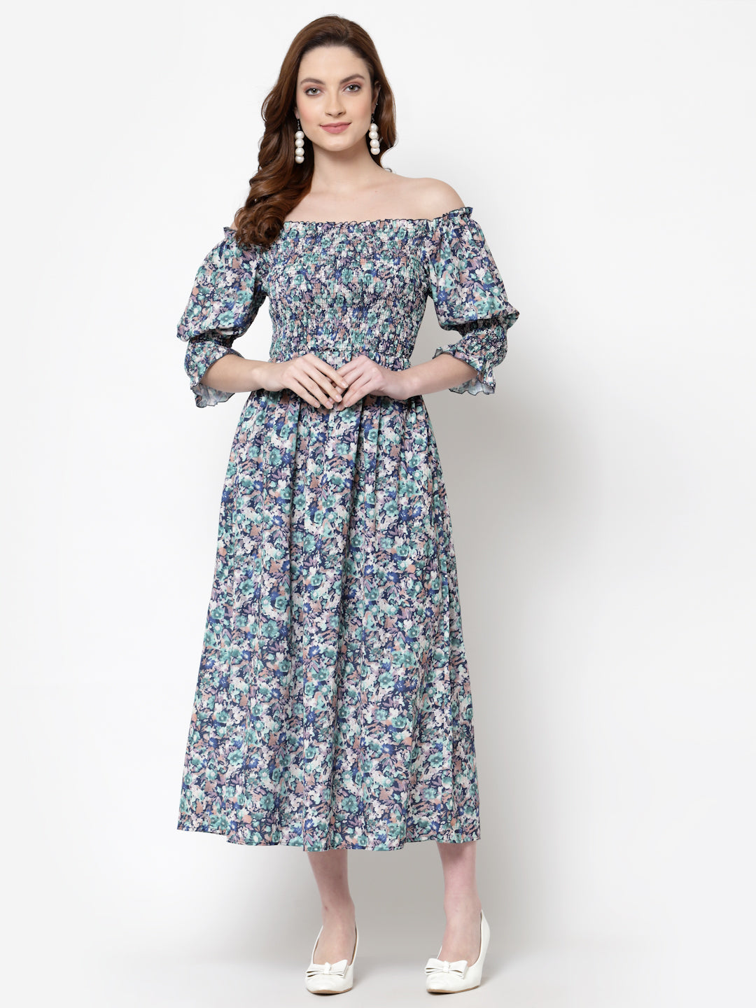 Mafadeny Blue & White Floral Off-Shoulder Midi Dress