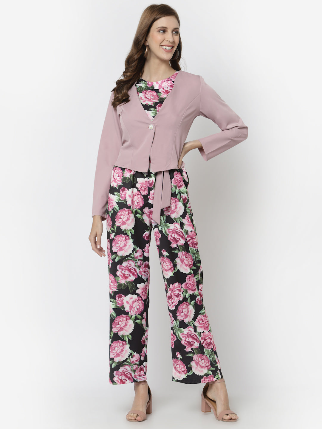 Mafadeny Pink & Black Floral Printed Halter Neck Basic Jumpsuit With Jacket