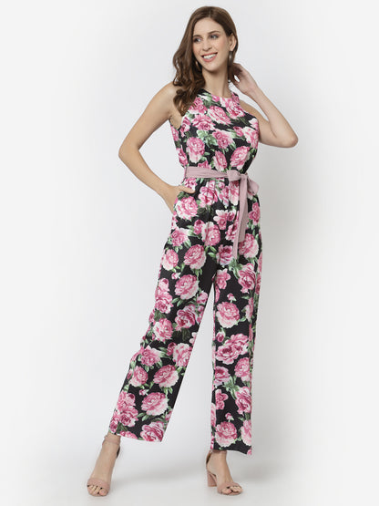 Mafadeny Pink & Black Floral Printed Halter Neck Basic Jumpsuit With Jacket