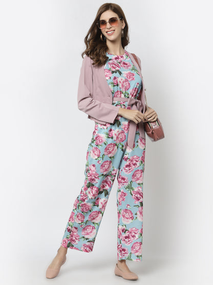 Mafadeny Blue & Pink Halter Neck Printed Basic Jumpsuit with Jacket