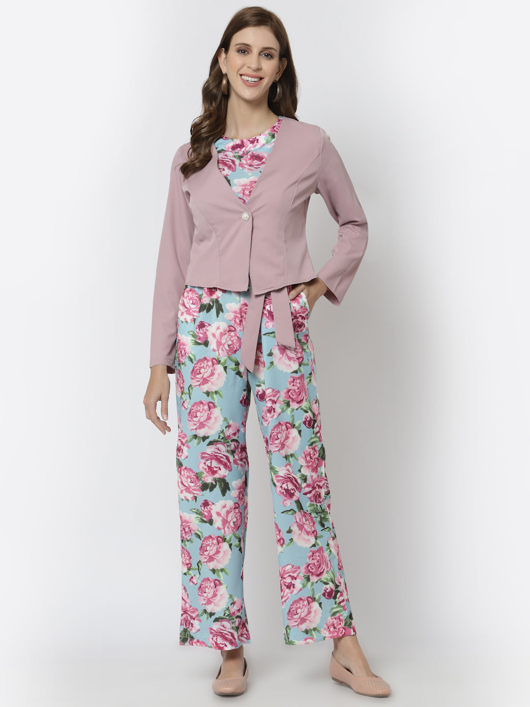 Mafadeny Blue & Pink Halter Neck Printed Basic Jumpsuit with Jacket