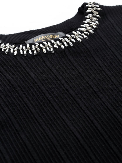 Mafadeny Women Black Cable Knit Sweater Vest with Embellished Detail