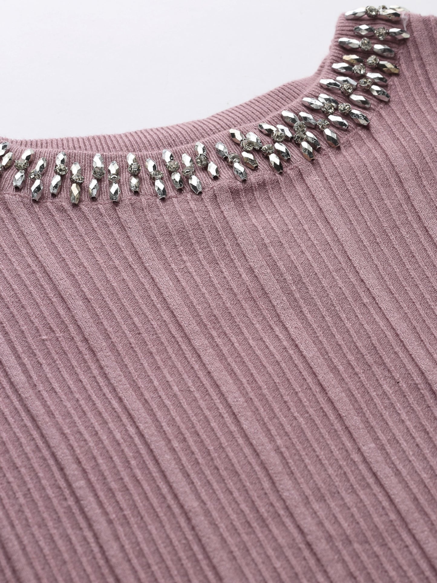 Mafadeny Women Mauve Cable Knit Sweater Vest with Embellished Detail