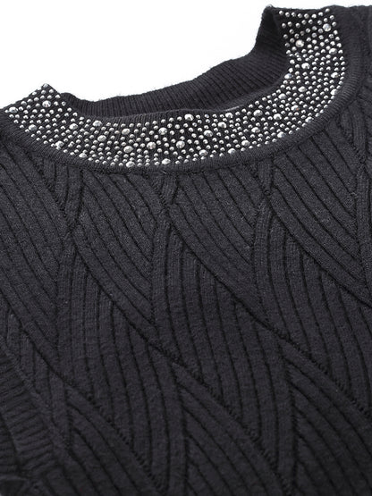 Mafadeny Women Black Cable Knit Sweater Vest with Embellished Detail