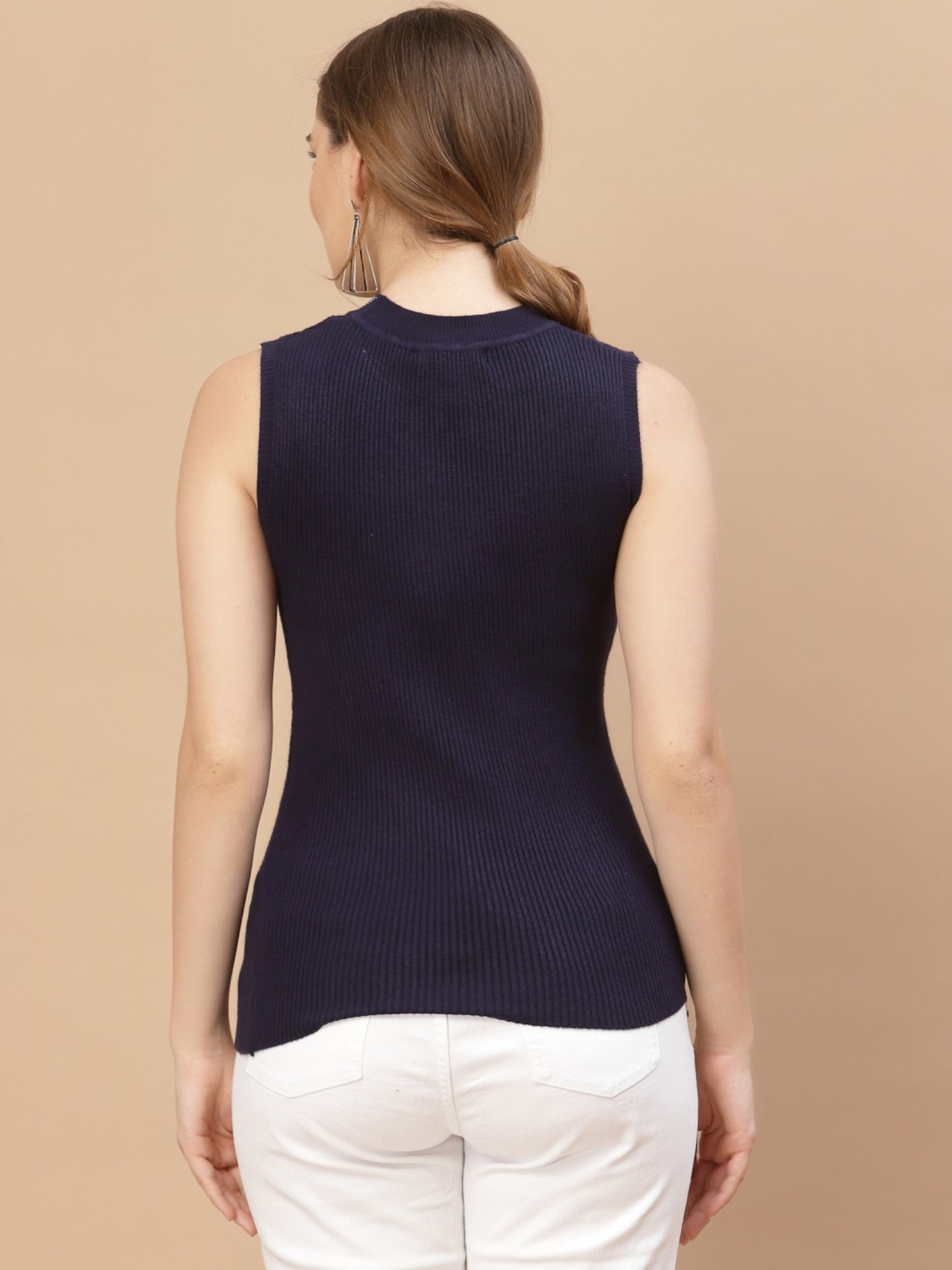 Mafadeny Women Blue Cable Knit Sweater Vest with Embellished Detail