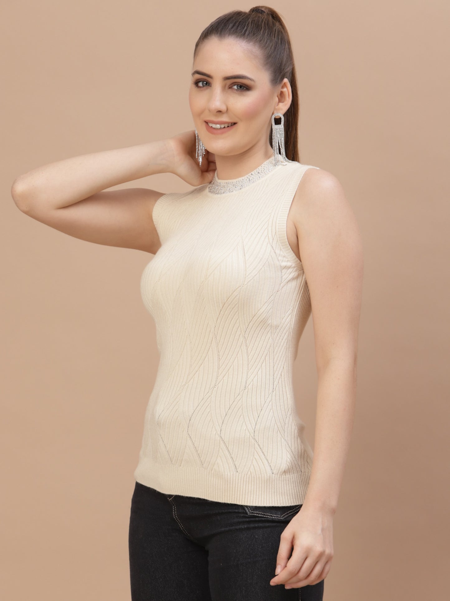 Mafadeny Women Cream Cable Knit Sweater Vest with Embellished Detail