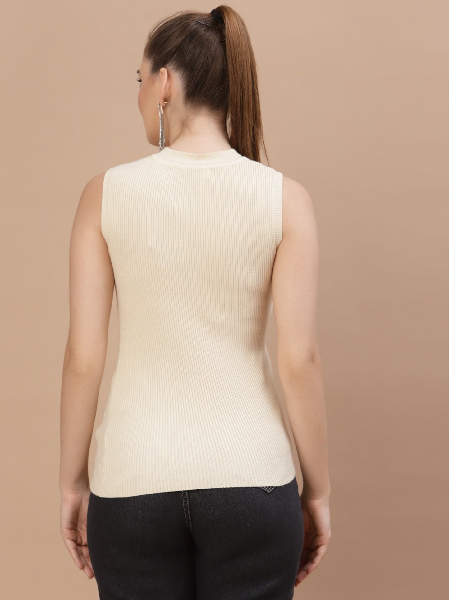 Mafadeny Women Cream Cable Knit Sweater Vest with Embellished Detail