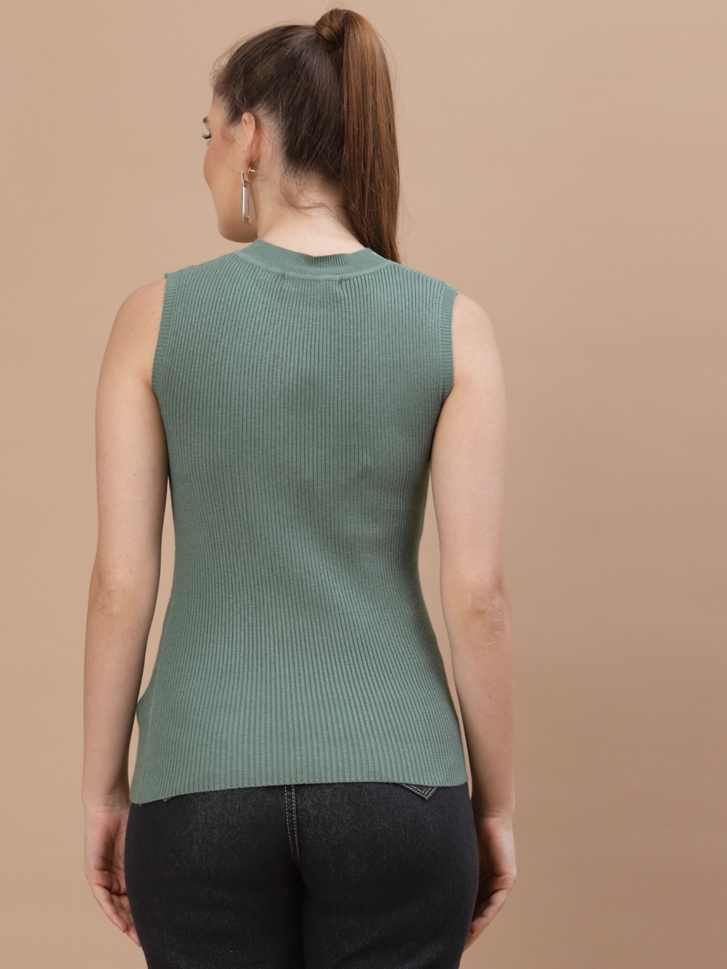 Mafadeny Women Green Cable Knit Sweater Vest with Embellished Detail