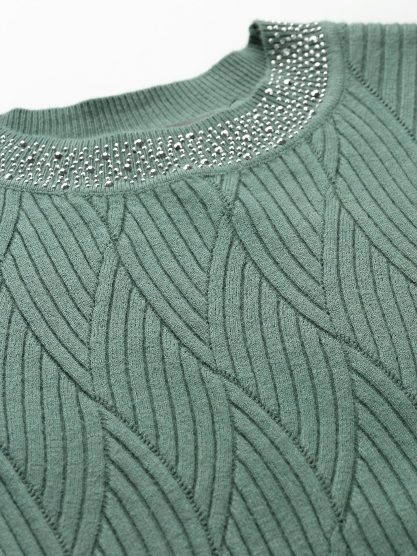 Mafadeny Women Green Cable Knit Sweater Vest with Embellished Detail