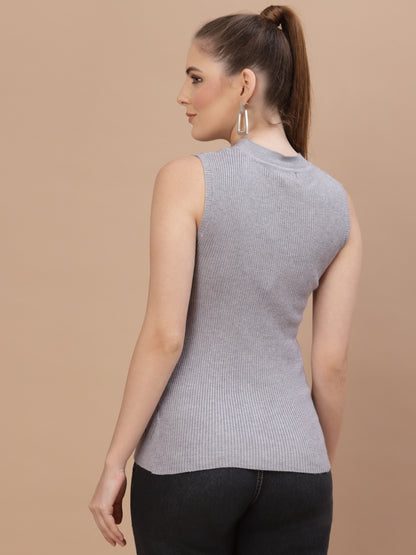 Mafadeny Women Grey Cable Knit Sweater Vest with Embellished Detail