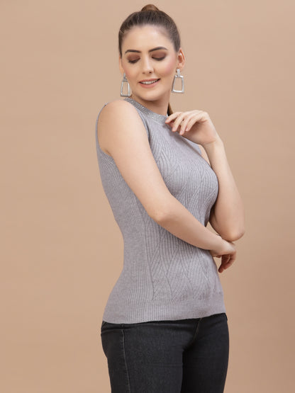 Mafadeny Women Grey Cable Knit Sweater Vest with Embellished Detail