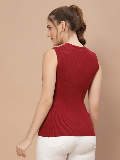 Mafadeny Women Maroon Cable Knit Sweater Vest with Embellished Detail