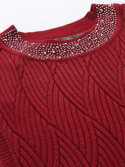 Mafadeny Women Maroon Cable Knit Sweater Vest with Embellished Detail