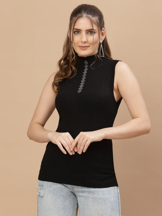 Mafadeny Women Black Cable Knit Sweater Vest with Embellished Detail