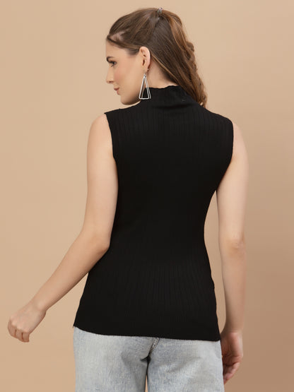 Mafadeny Women Black Cable Knit Sweater Vest with Embellished Detail