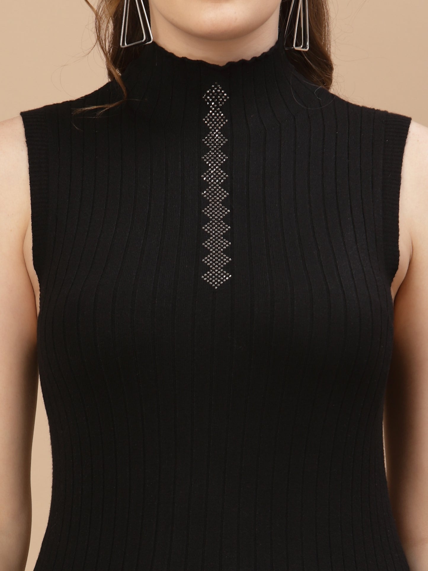 Mafadeny Women Black Cable Knit Sweater Vest with Embellished Detail