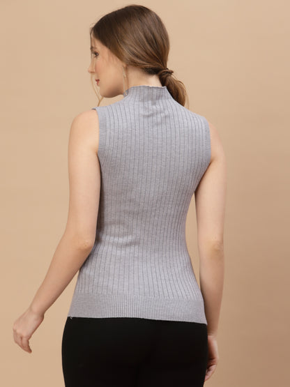 Mafadeny Women Grey Cable Knit Sweater Vest with Embellished Detail