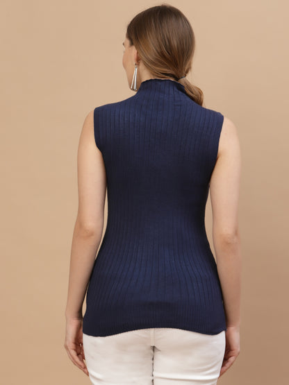 Mafadeny Women Navy Blue Cable Knit Sweater Vest with Embellished Detail