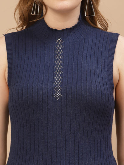 Mafadeny Women Navy Blue Cable Knit Sweater Vest with Embellished Detail