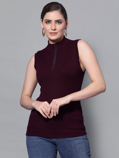 Mafadeny Women Wine Cable Knit Sweater Vest with Embellished Detail