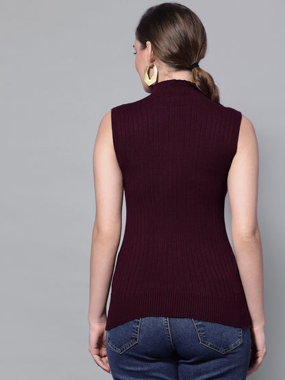 Mafadeny Women Wine Cable Knit Sweater Vest with Embellished Detail