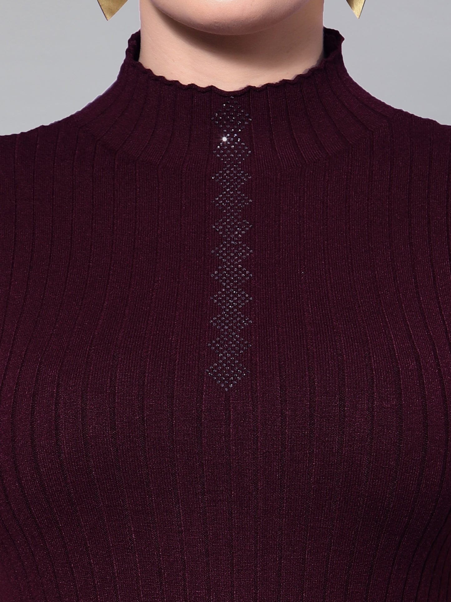 Mafadeny Women Wine Cable Knit Sweater Vest with Embellished Detail