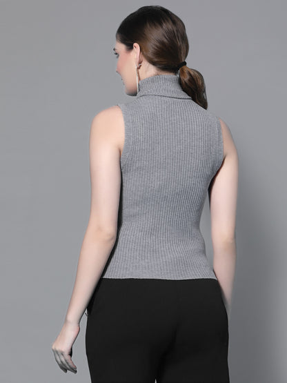 Mafadeny Women Winter Wear Grey Ribbed Crop Pullover