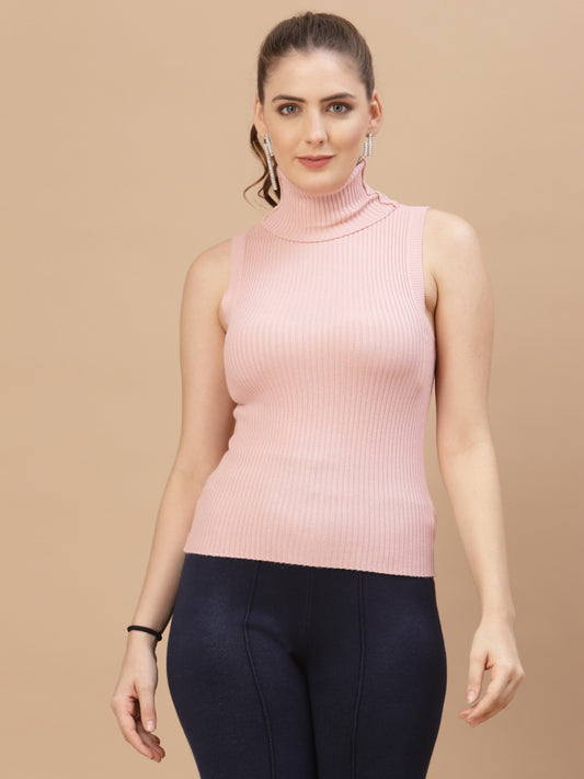 Mafadeny Women Winter Wear Pink Ribbed Crop Pullover