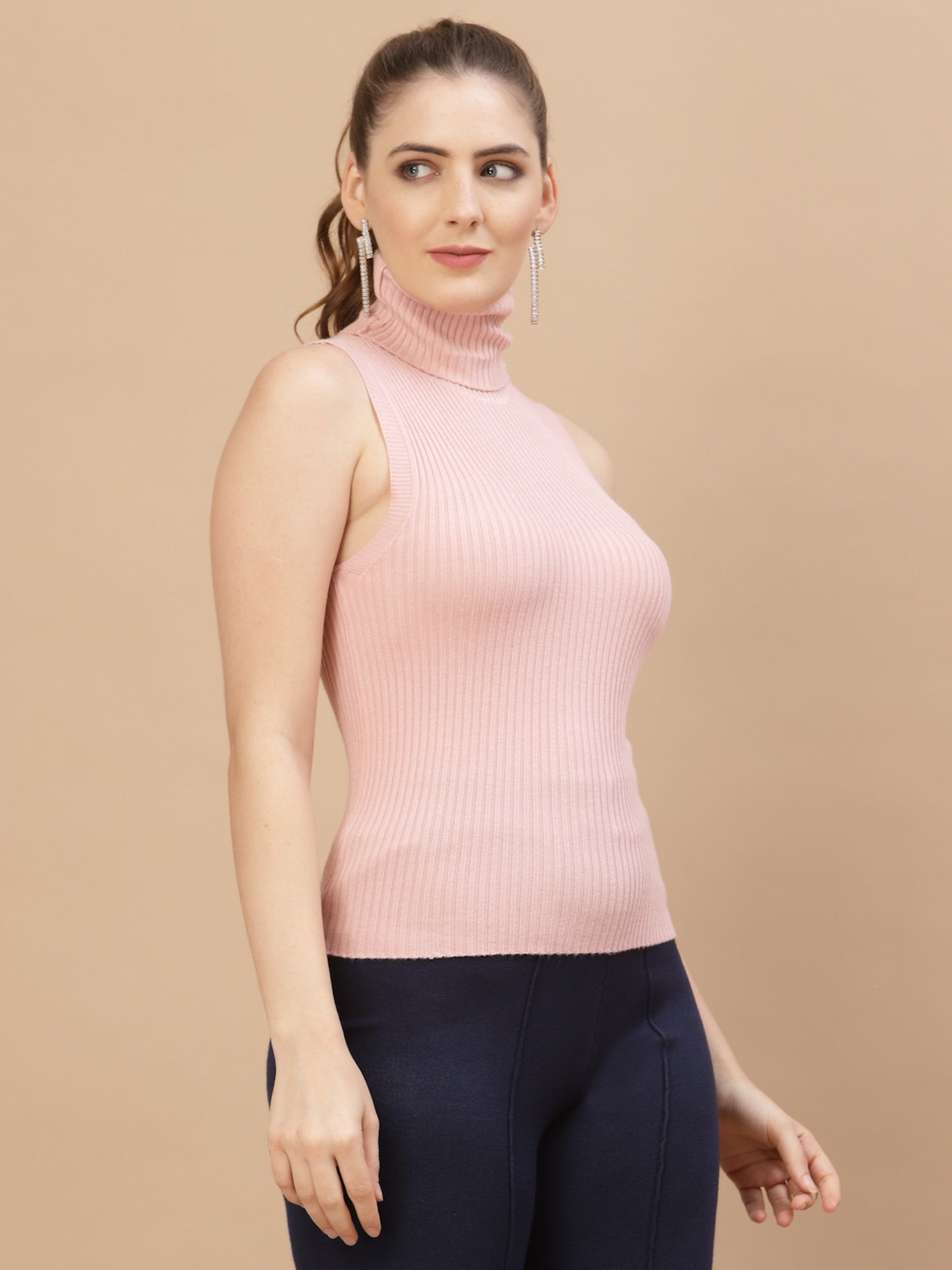 Mafadeny Women Winter Wear Pink Ribbed Crop Pullover