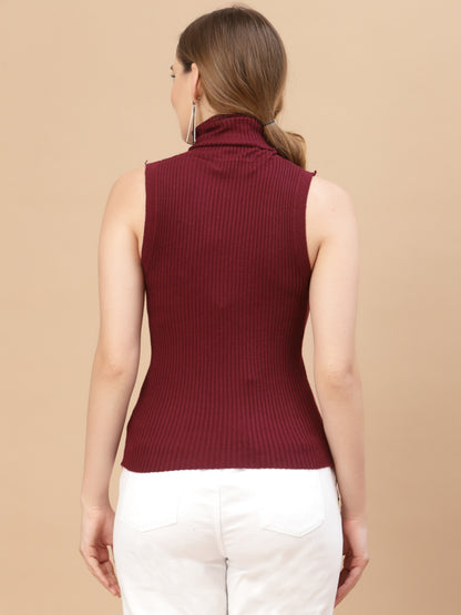 Mafadeny Women Winter Wear Wine Ribbed Crop Pullover