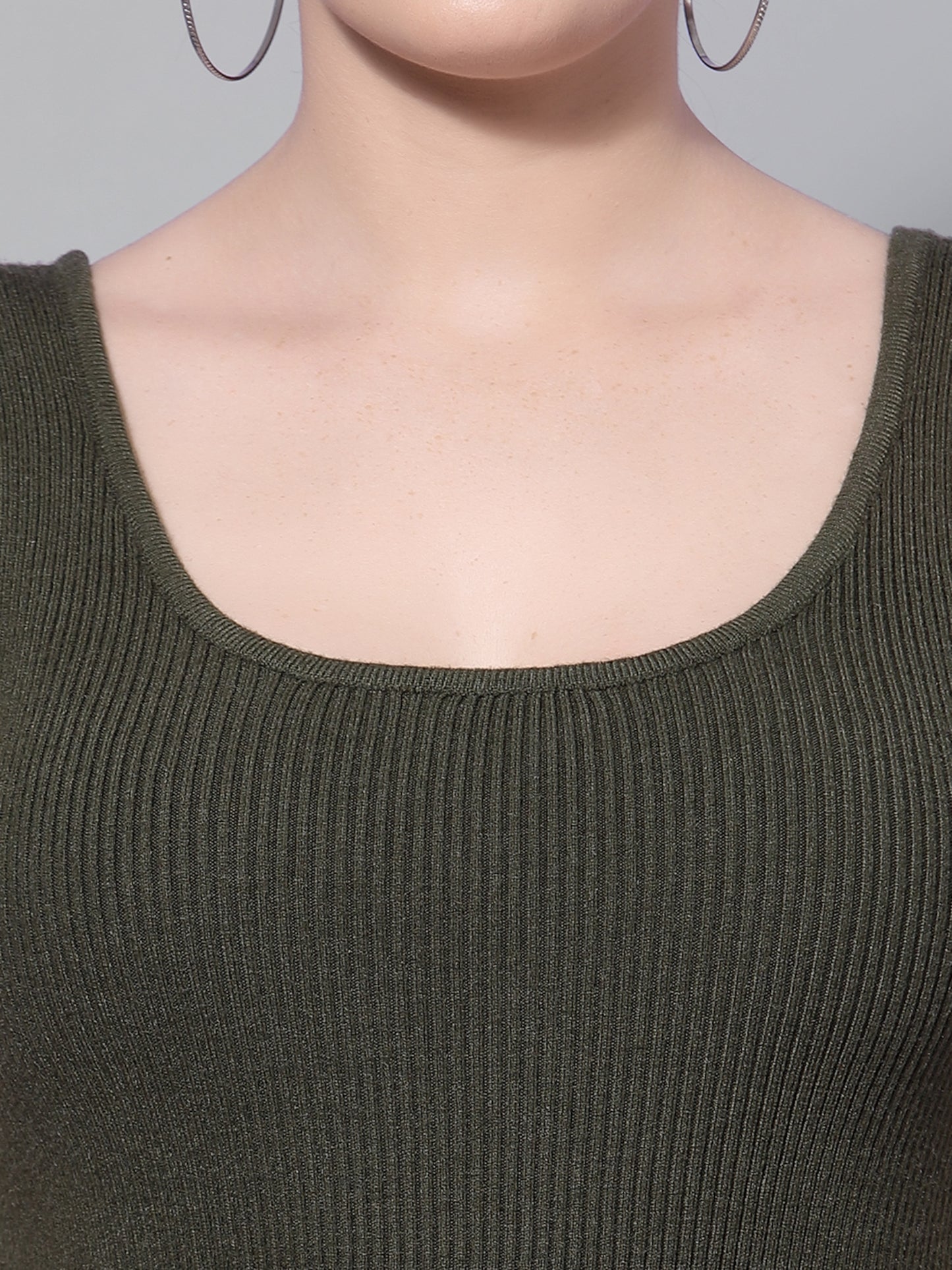 Mafadeny Women Winter Wear Green Ribbed Crop Pullover