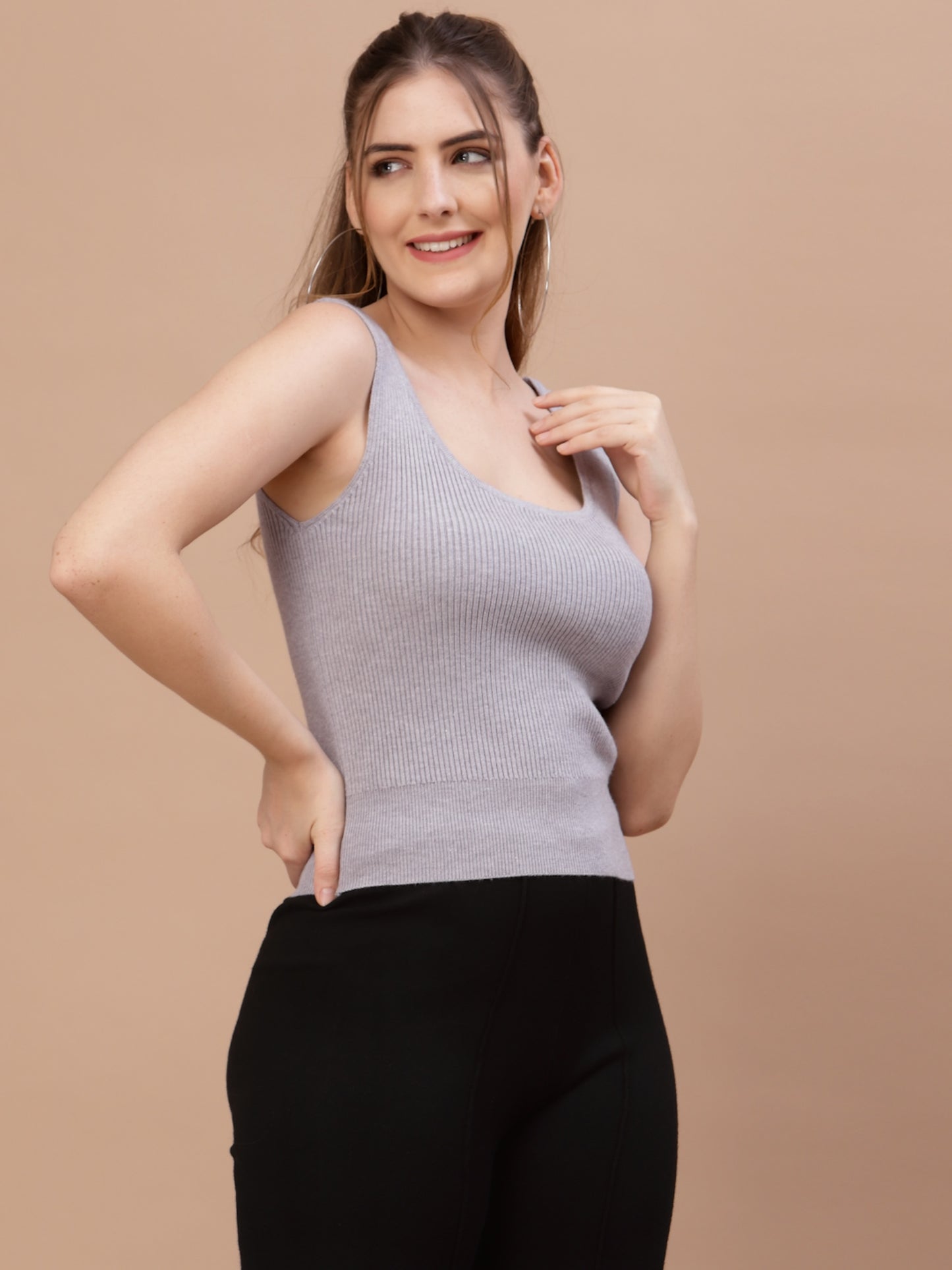 Mafadeny Women Winter Wear Grey Ribbed Crop Pullover