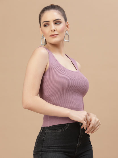 Mafadeny Women Winter Wear Mauve Ribbed Crop Pullover