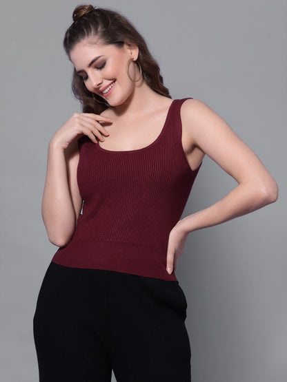 Mafadeny Women Winter Wear Wine Ribbed Crop Pullover