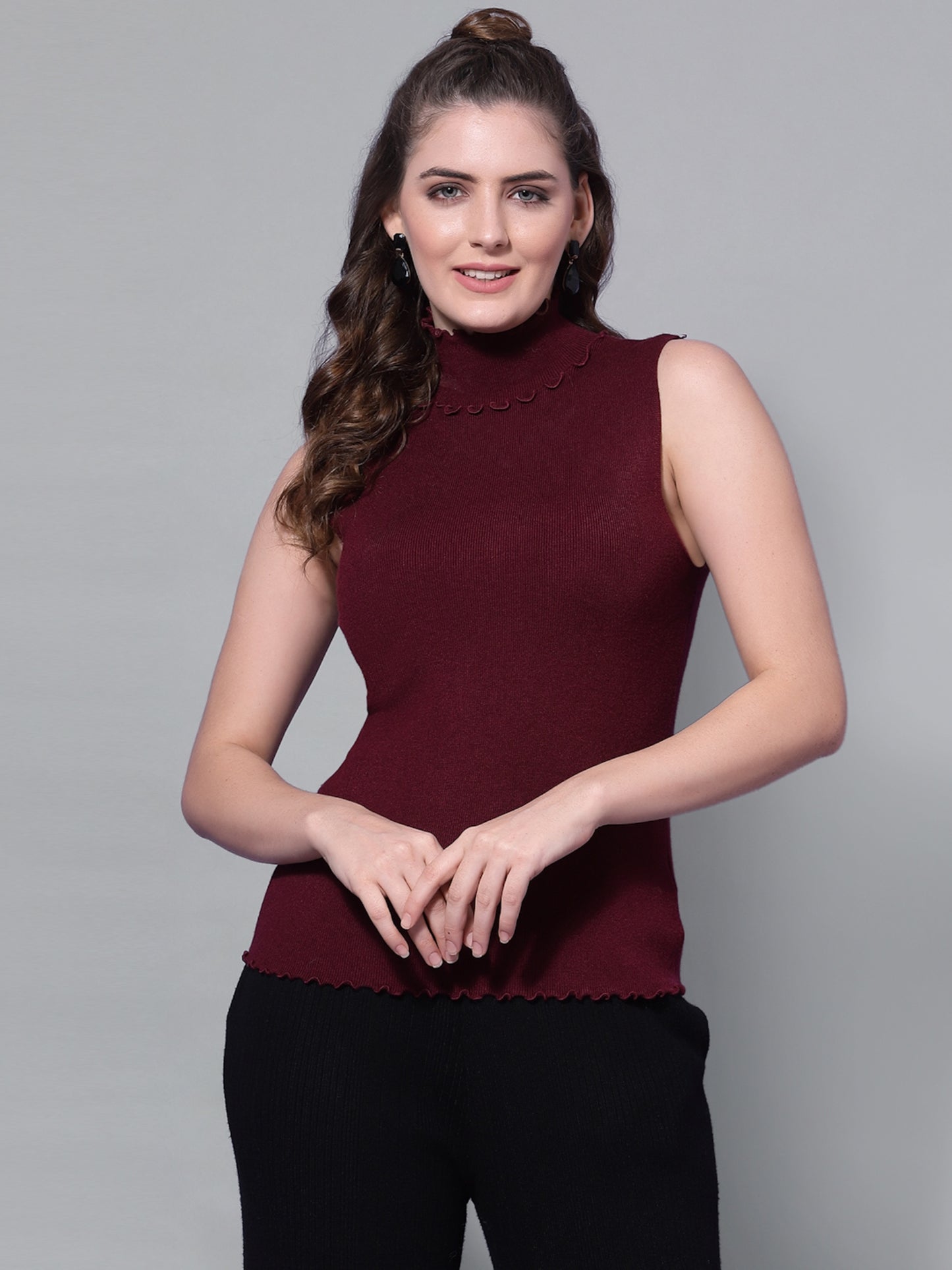 Mafadeny Women Winter Wear Maroon Ribbed Stylished & Cosy Pullover