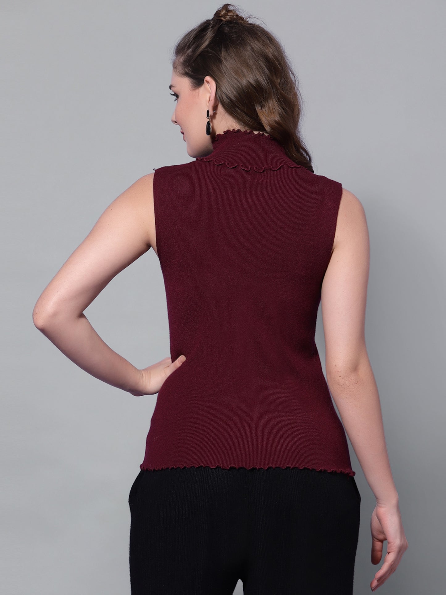 Mafadeny Women Winter Wear Maroon Ribbed Stylished & Cosy Pullover