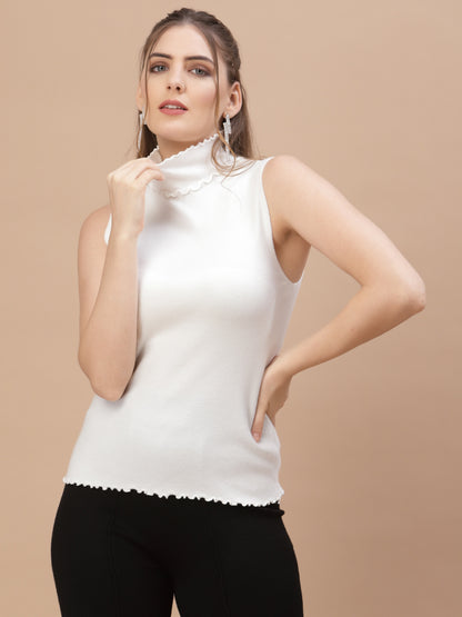 Mafadeny Women Winter Wear White Ribbed Stylished & Cosy Pullover