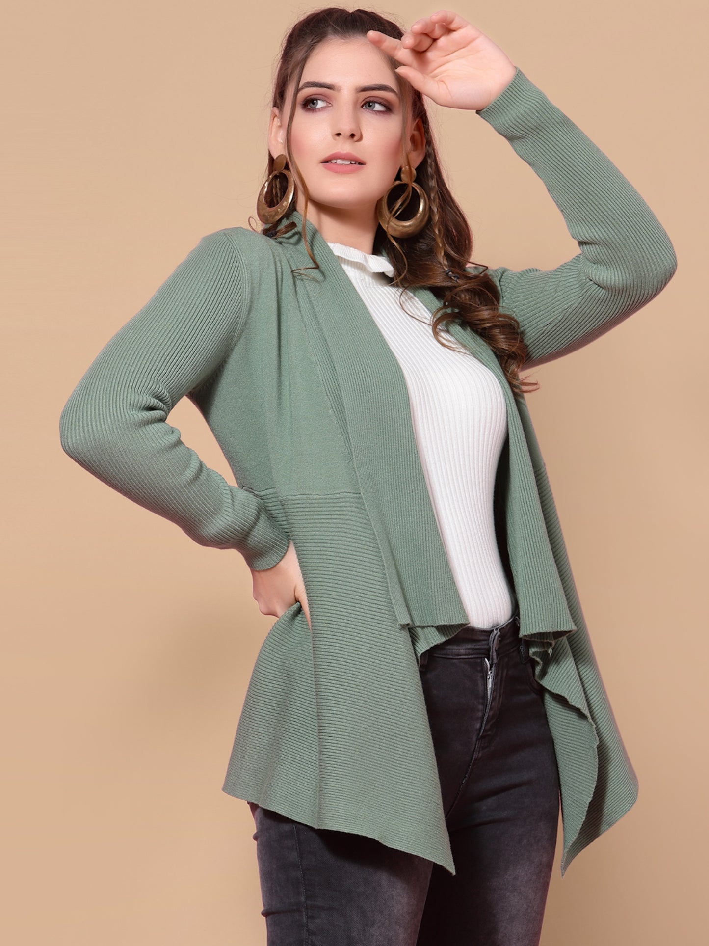 Mafadeny Women Winter Wear Solid Green Shrug