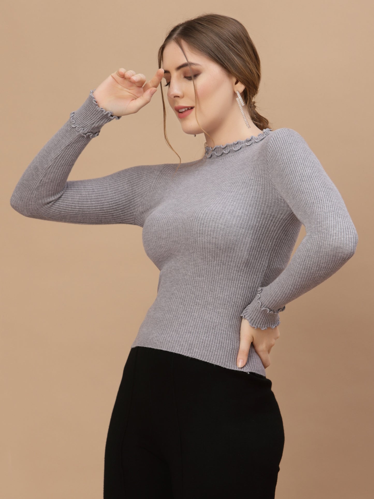 Mafadeny Winter wear Grey Solid Pullover