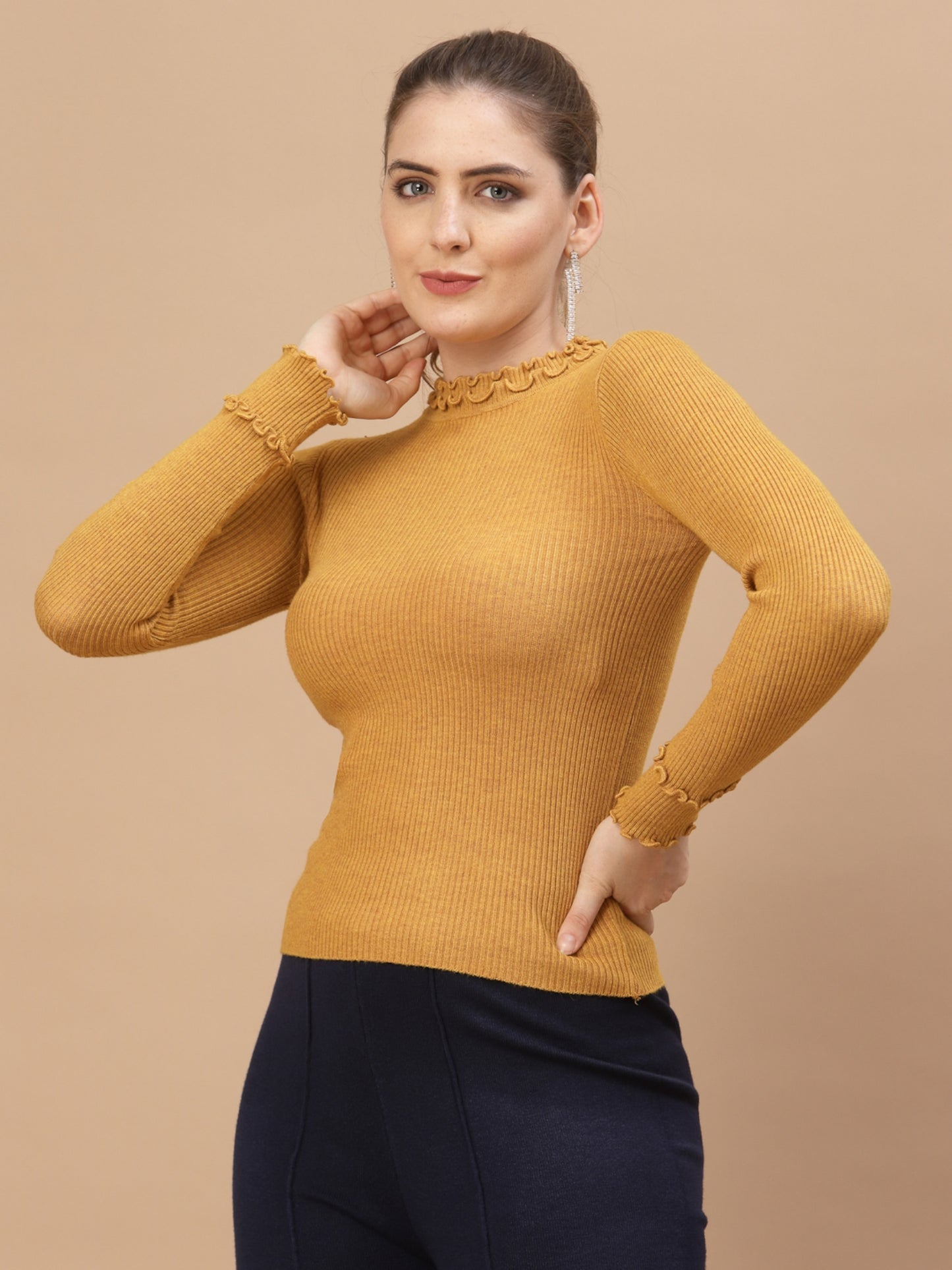 Mafadeny Winter wear Musterd Solid Pullover