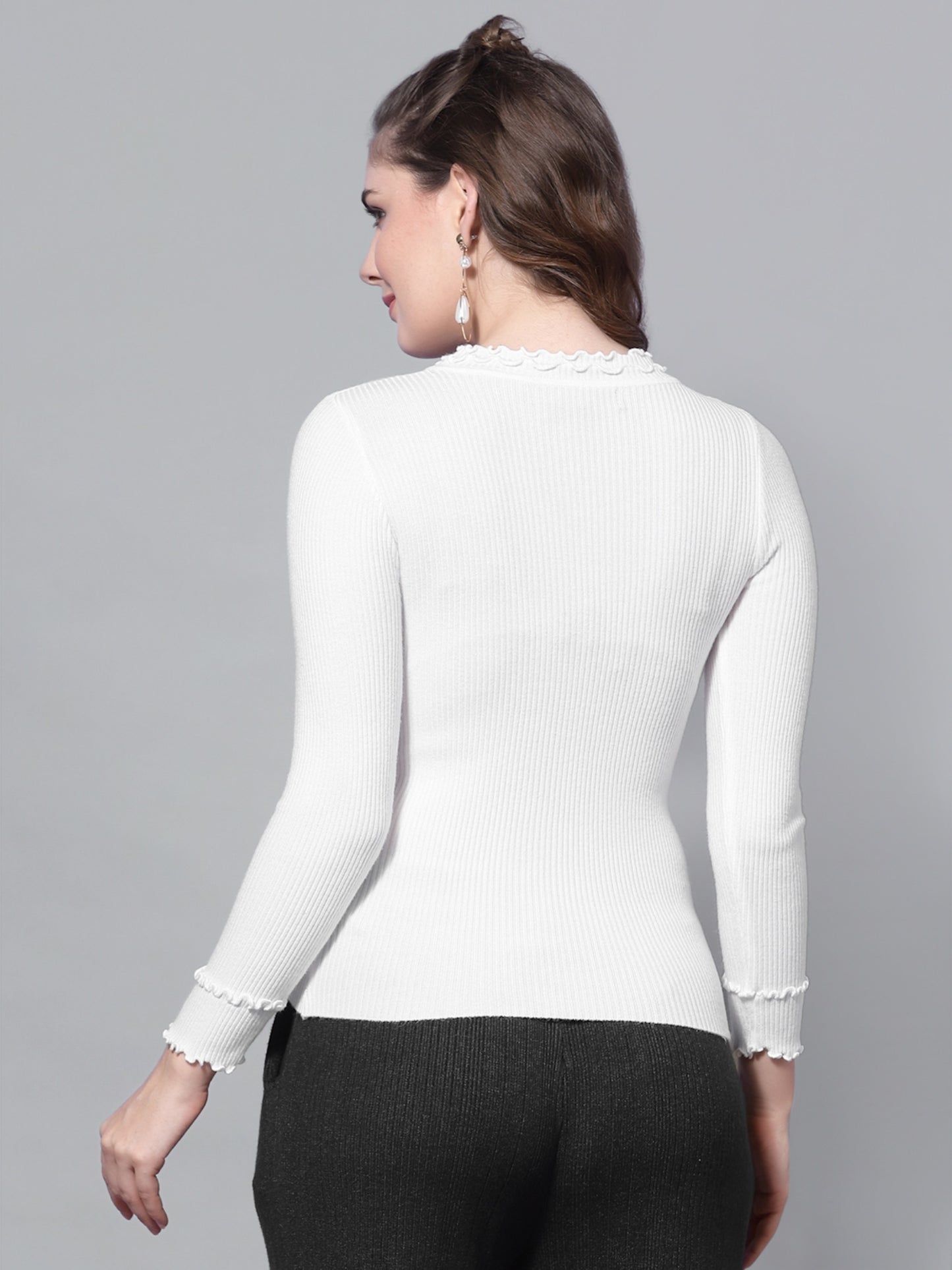 Mafadeny Winter wear White Solid Pullover