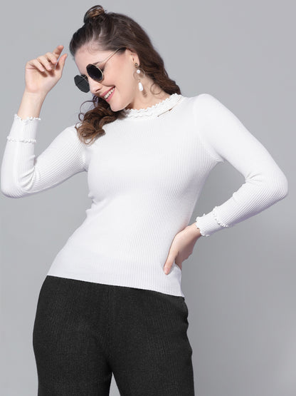 Mafadeny Winter wear White Solid Pullover