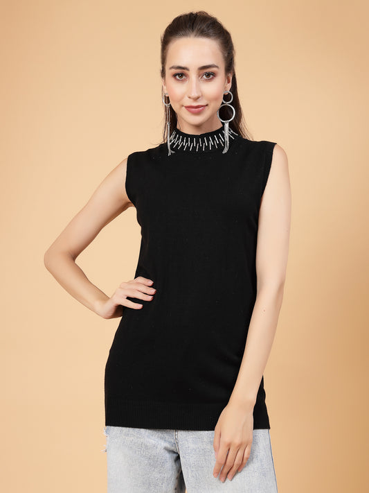 Mafadeny Women Black Cable Knit Sweater Vest with Embellished Detail