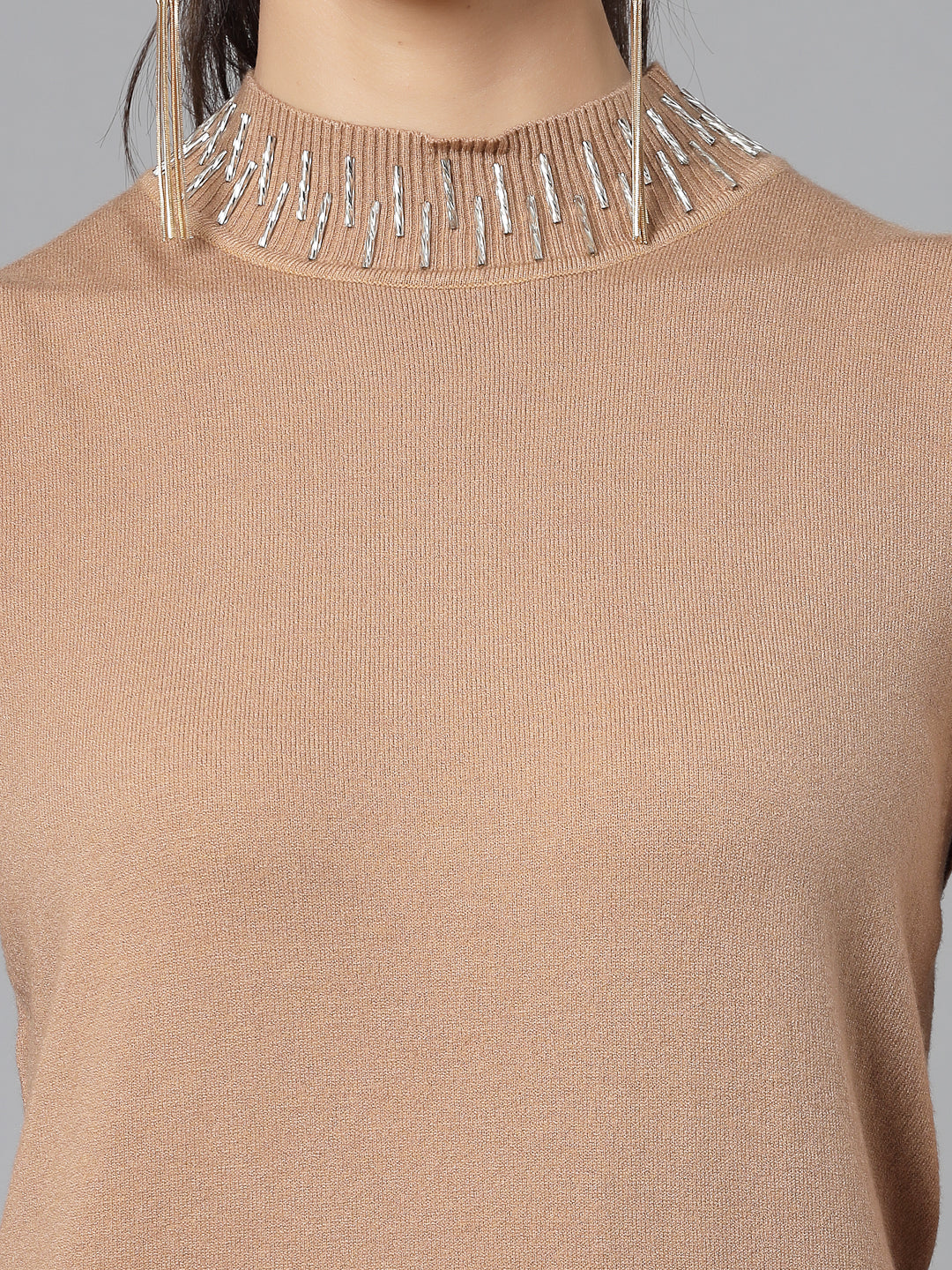 Mafadeny Women Camel Cable Knit Sweater Vest with Embellished Detail