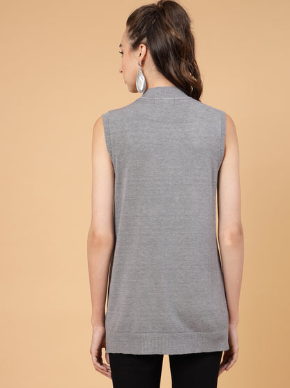 Mafadeny Women Grey Cable Knit Sweater Vest with Embellished Detail