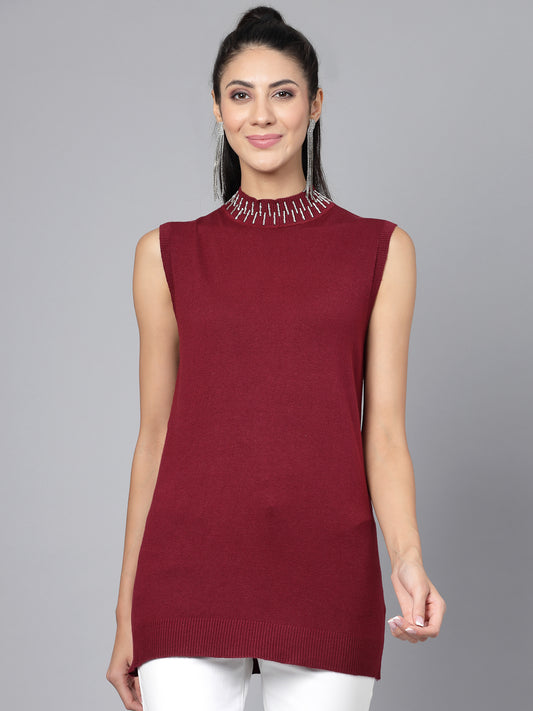 Mafadeny Women Maroon Cable Knit Sweater Vest with Embellished Detail