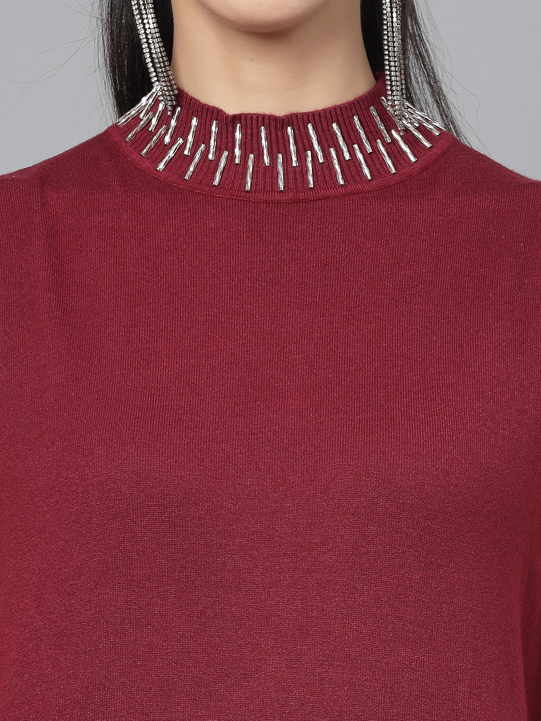 Mafadeny Women Maroon Cable Knit Sweater Vest with Embellished Detail