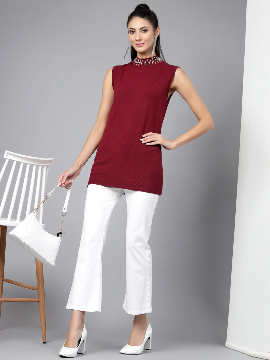 Mafadeny Women Maroon Cable Knit Sweater Vest with Embellished Detail